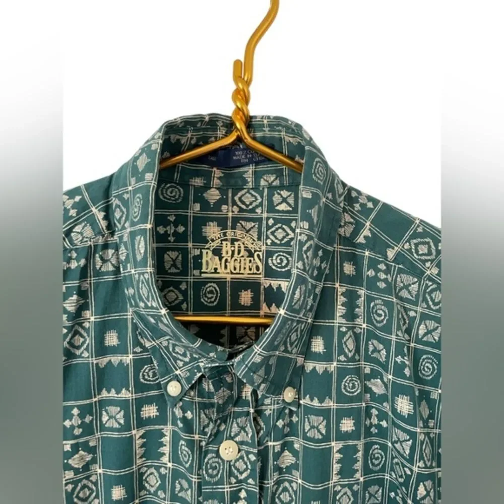 B.D. Baggies‎ Men’s Geometric Print Green & Cream Short Sleeve Shirt, Large